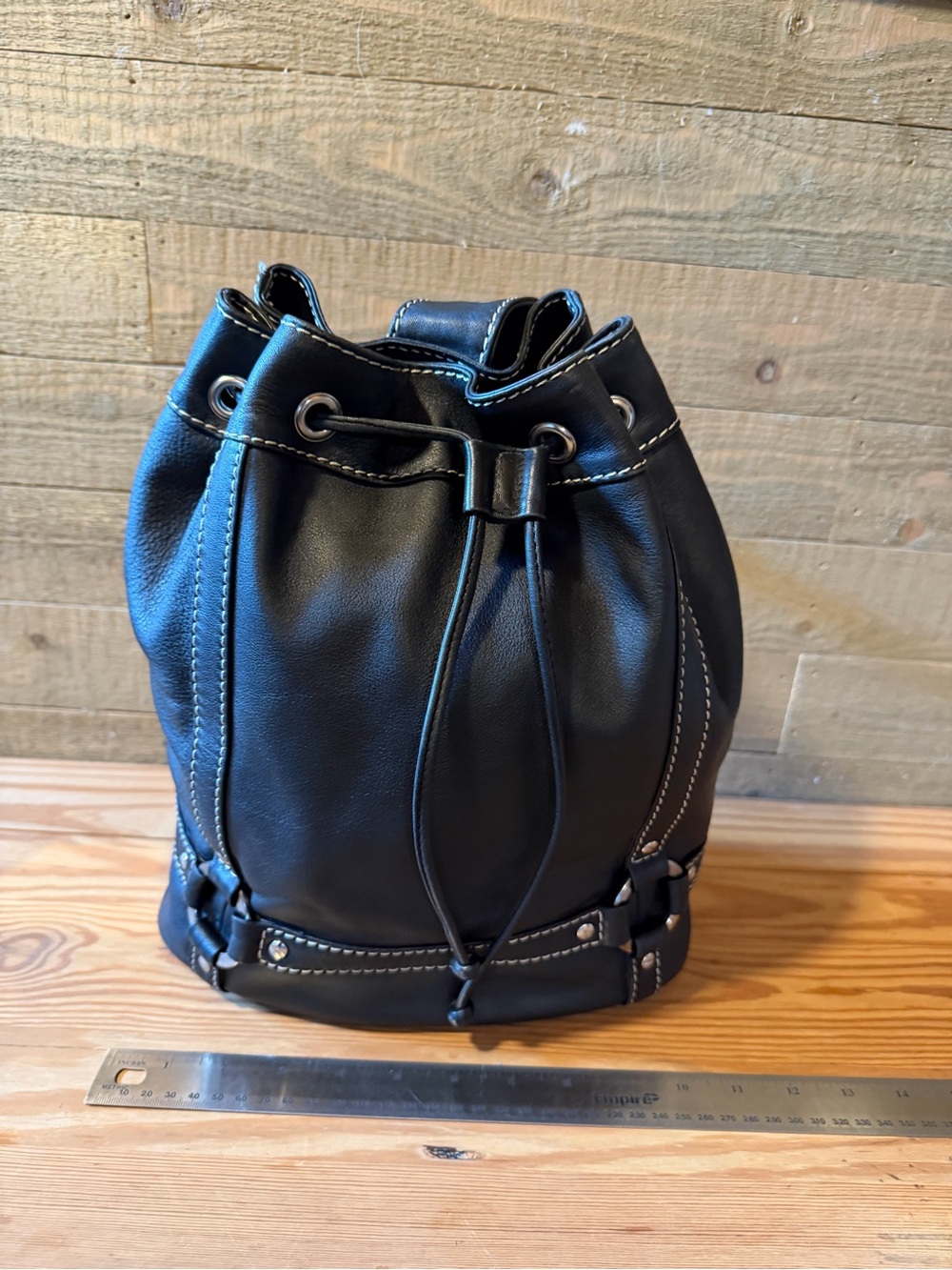 Marco Buggiani Black Leather Drawstring Bucket Bag in beautiful condition